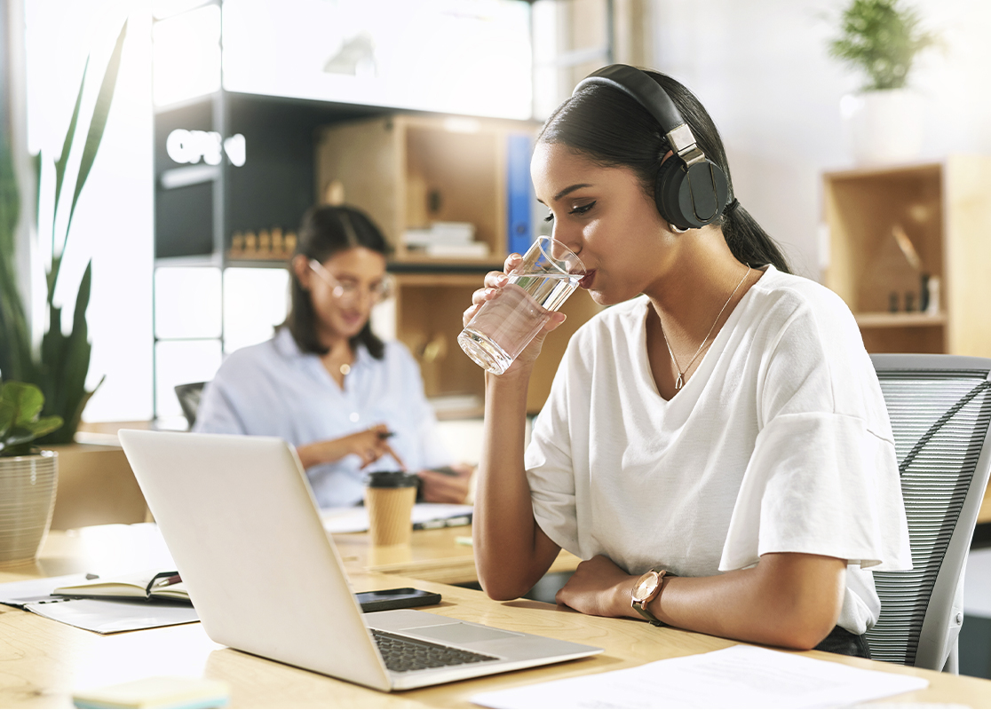 woman work drinking water